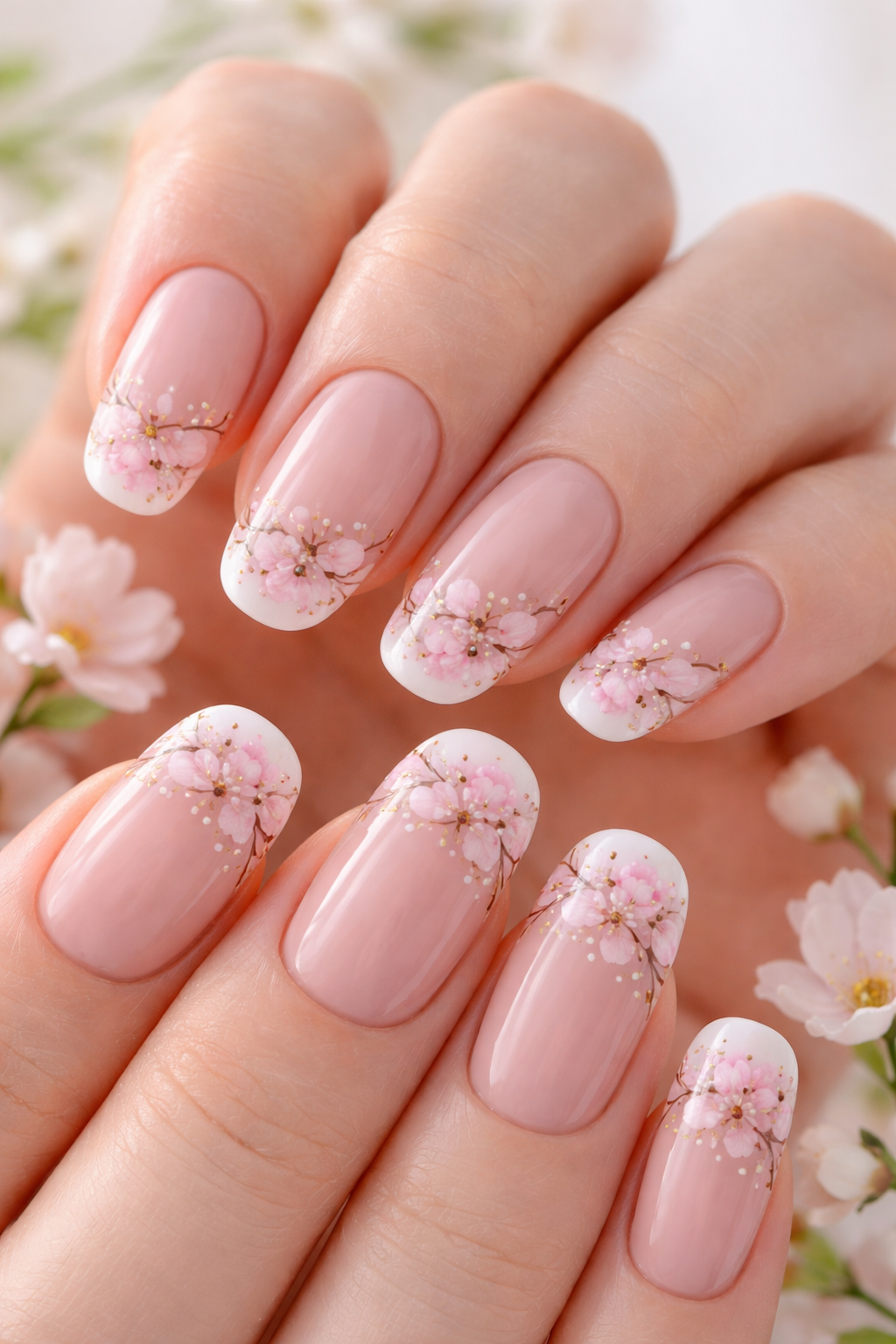 Spring Nails - Cherry Blossom French Tips
