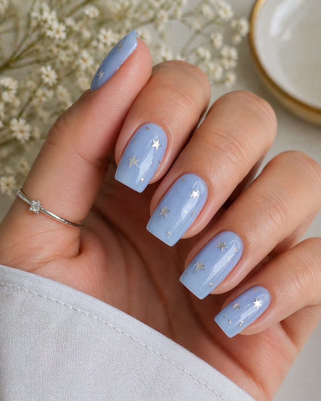 Baby Blue with Silver Stars Nails