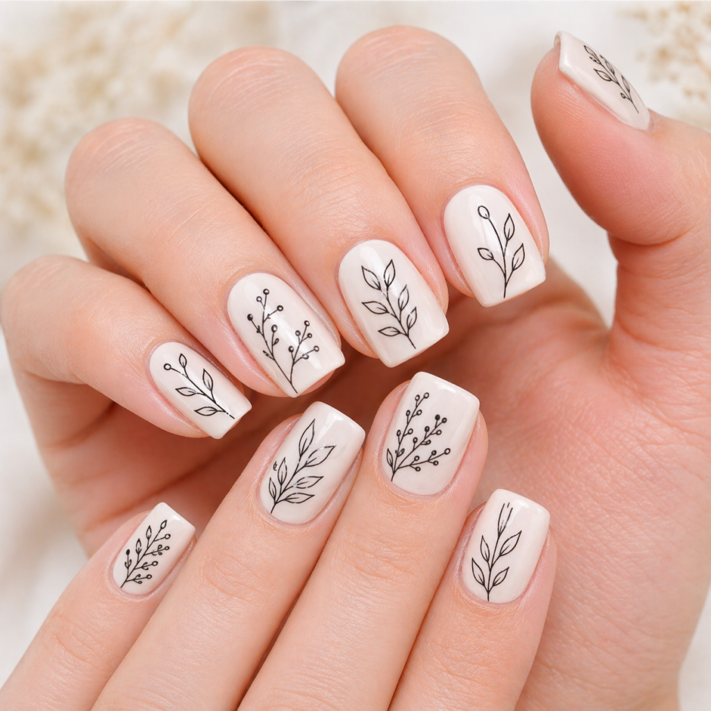 Nude nails decorated with delicate brown and black botanical line art