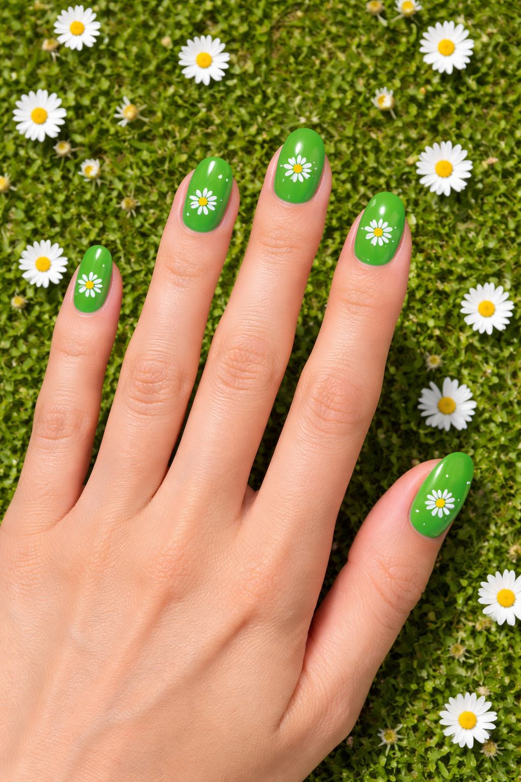 Bright grass green with white daisies cute scpring Nails