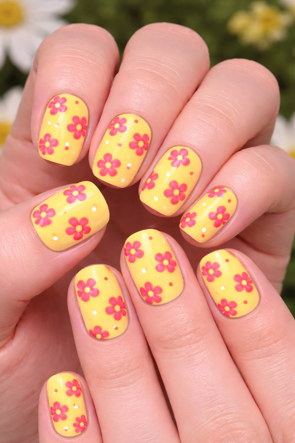 Cute Nails - Sunny yellow base with bright pink flowers