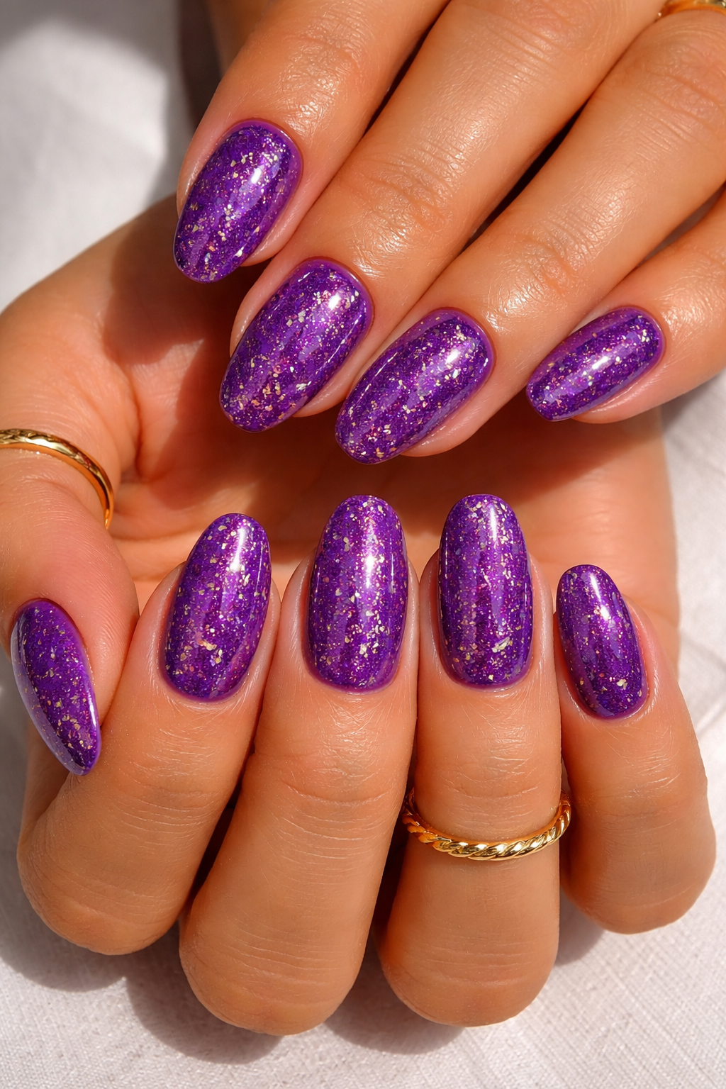 Cute Spring Nails - Bright purple with gold flecks