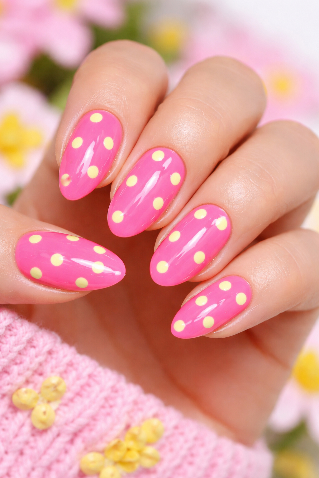 Cute Spring Nails - Neon pink with pale yellow dots