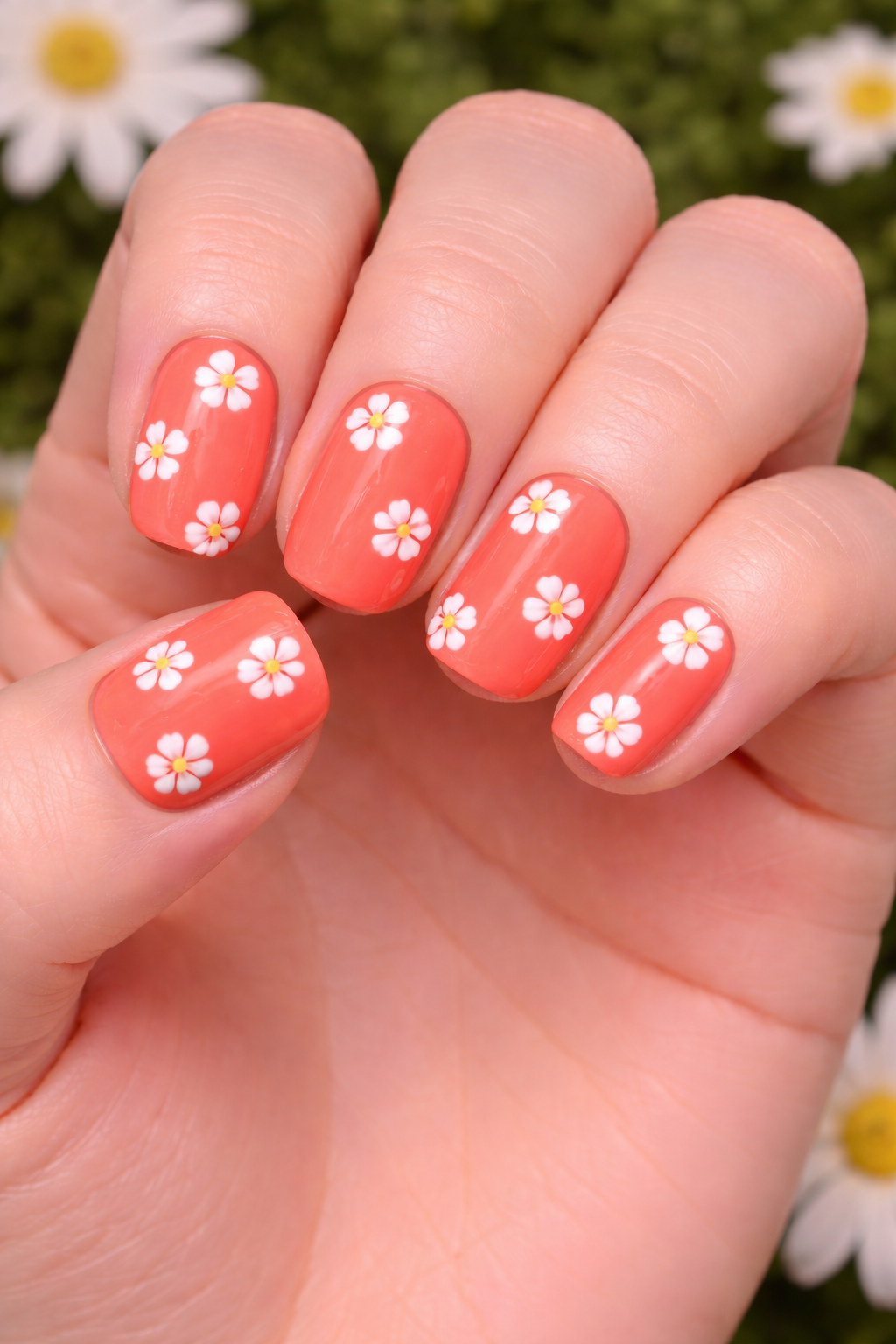 Hot coral with white tiny flowers nails