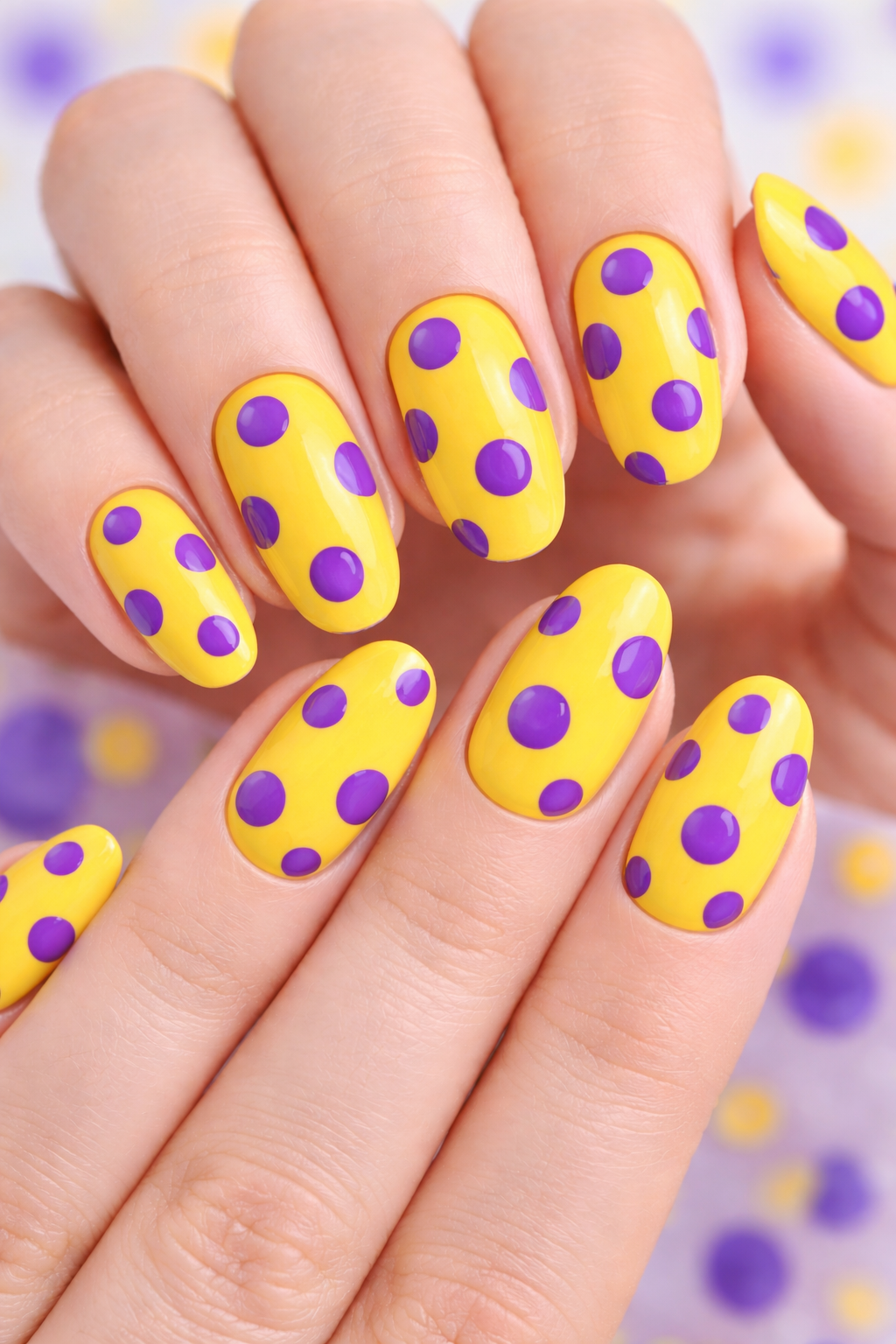 Hot yellow base with bright purple polka dots spring nails ideas