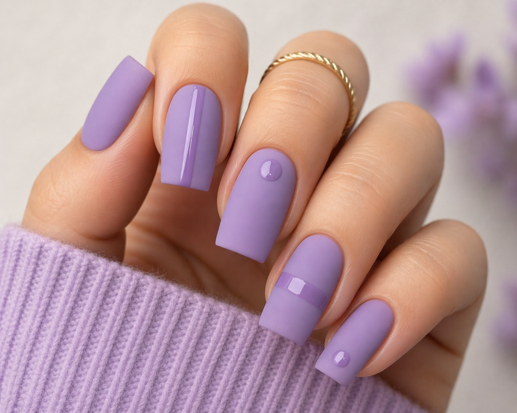 Soft matte lavender nails featuring a single glossy stripe accent