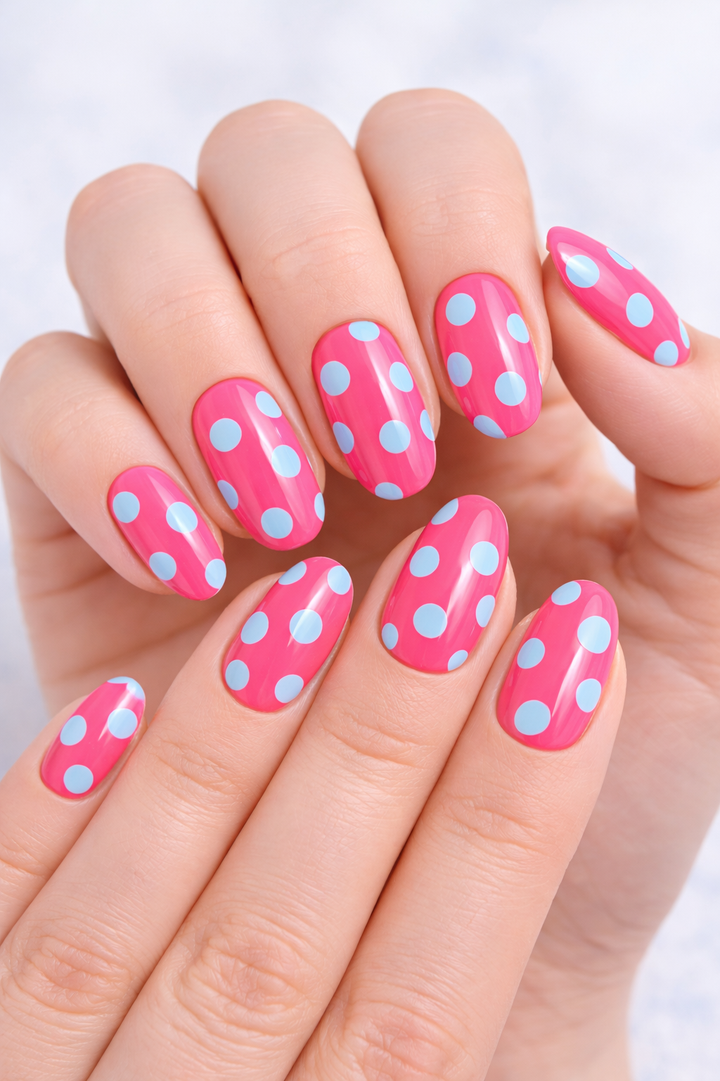 Neon pink with pale blue dots nails designs