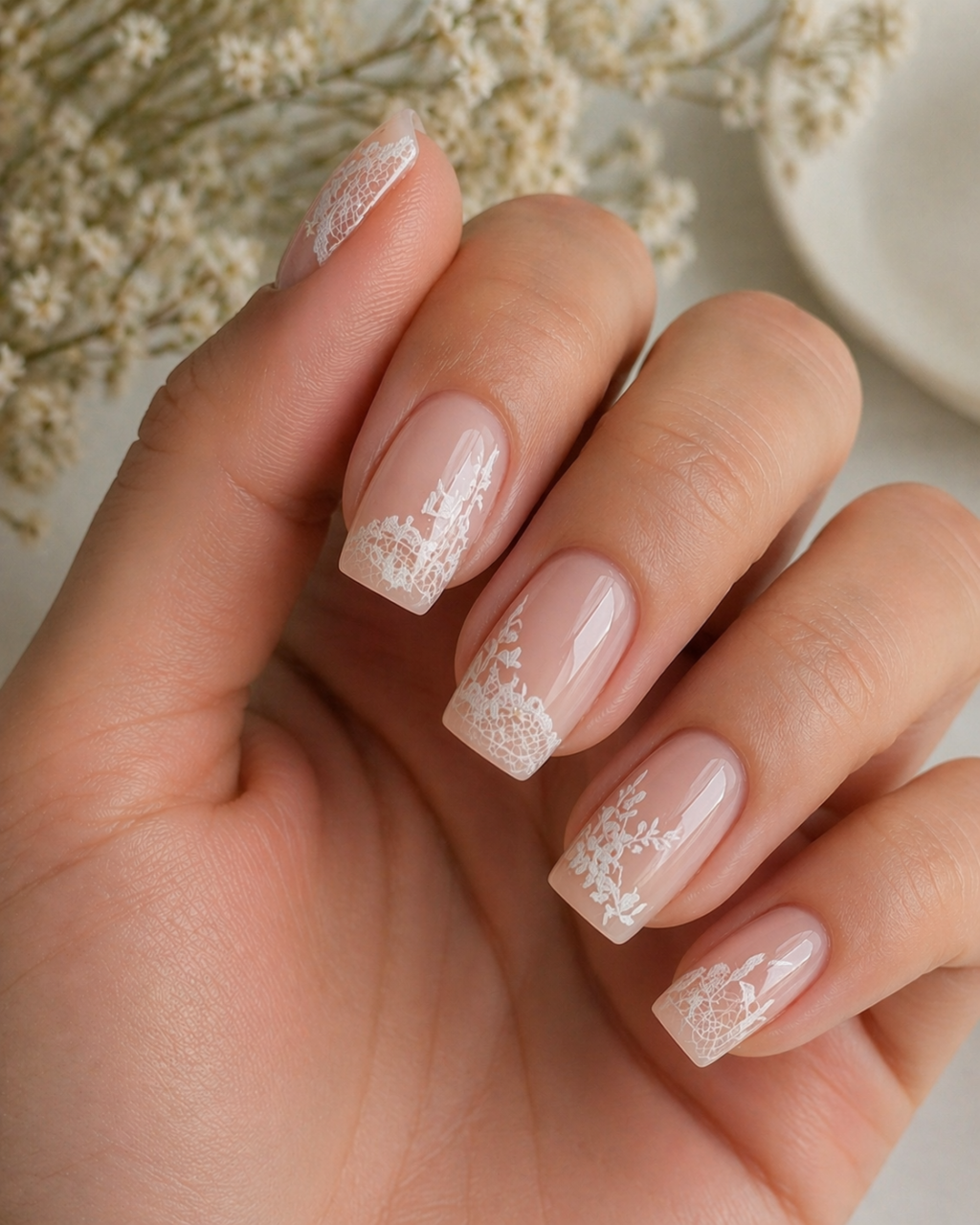 Warm nude nails decorated with intricate delicate white lace decals
