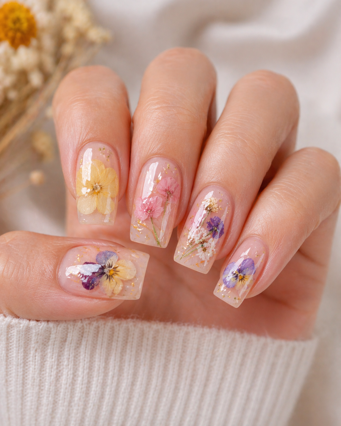 Pressed Flower Encapsulated square spring nails
