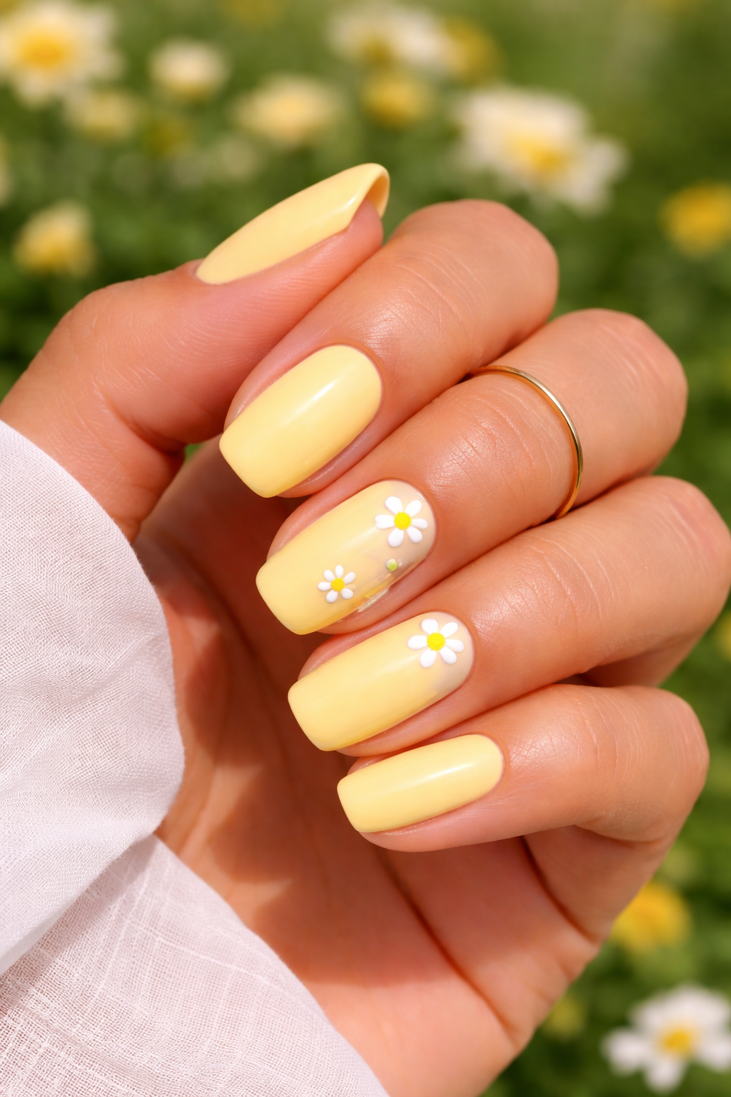 Spring Nails Yellow + Tiny White Daisies