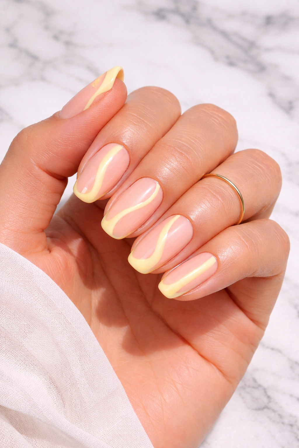 Spring nails Yellow Swirl on Nude Base