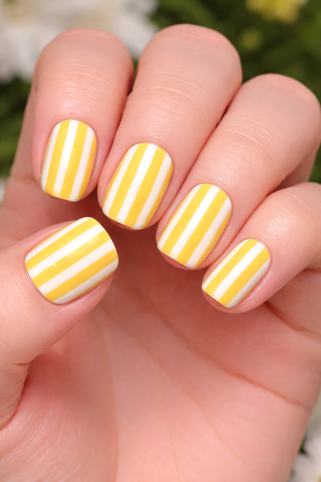 Striped Yellow and White spring nail design