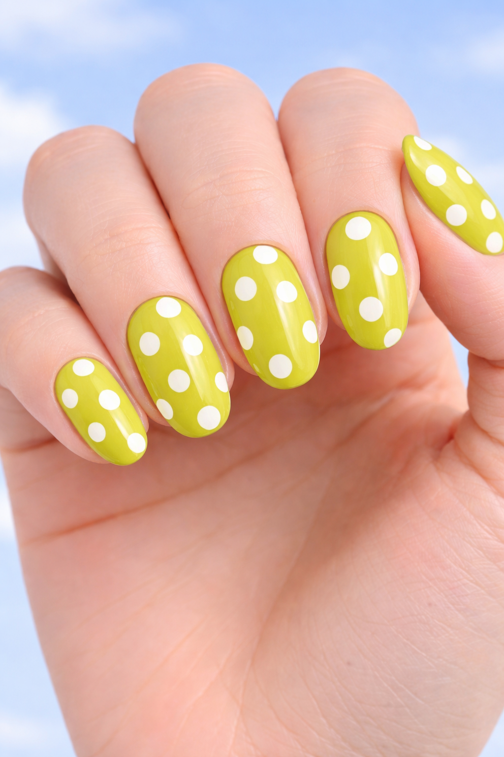 Vibrant chartreuse manicure with polka dots nails idea