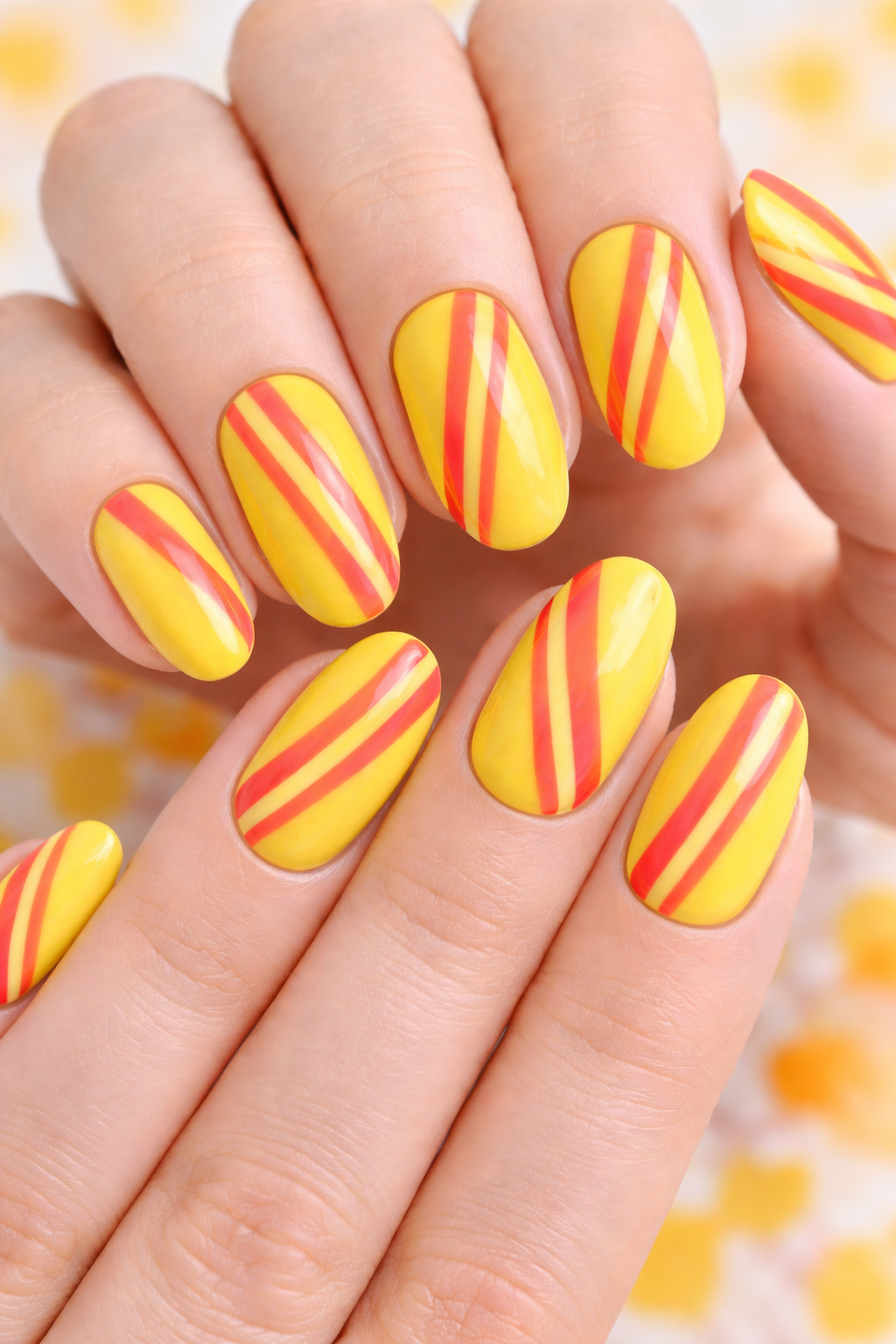 Vibrant yellow base with hot coral accent stripes cute nails trends
