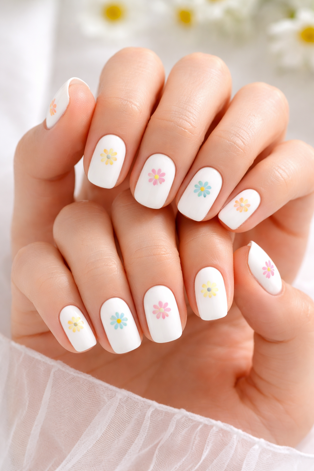 White base and one tiny flower per nail