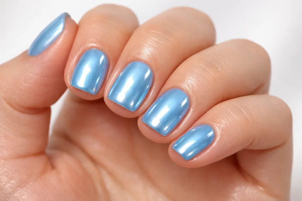 Soft baby blue nails topped with a light chrome glazed finish