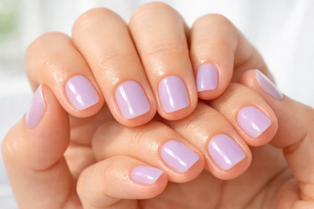 Soft milky lavender short nails with a glossy finish