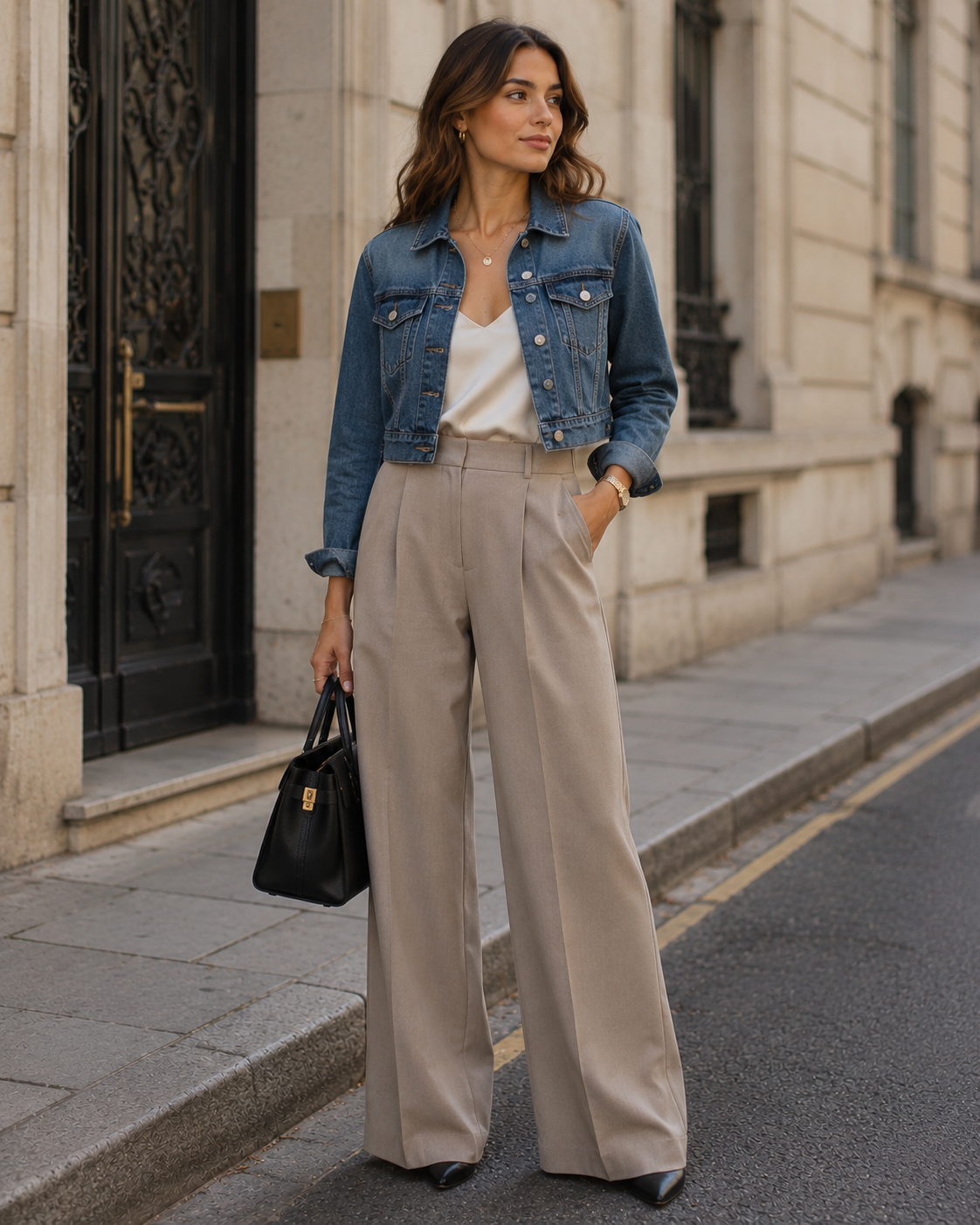 Cropped denim Jacket with High-Waist Trousers