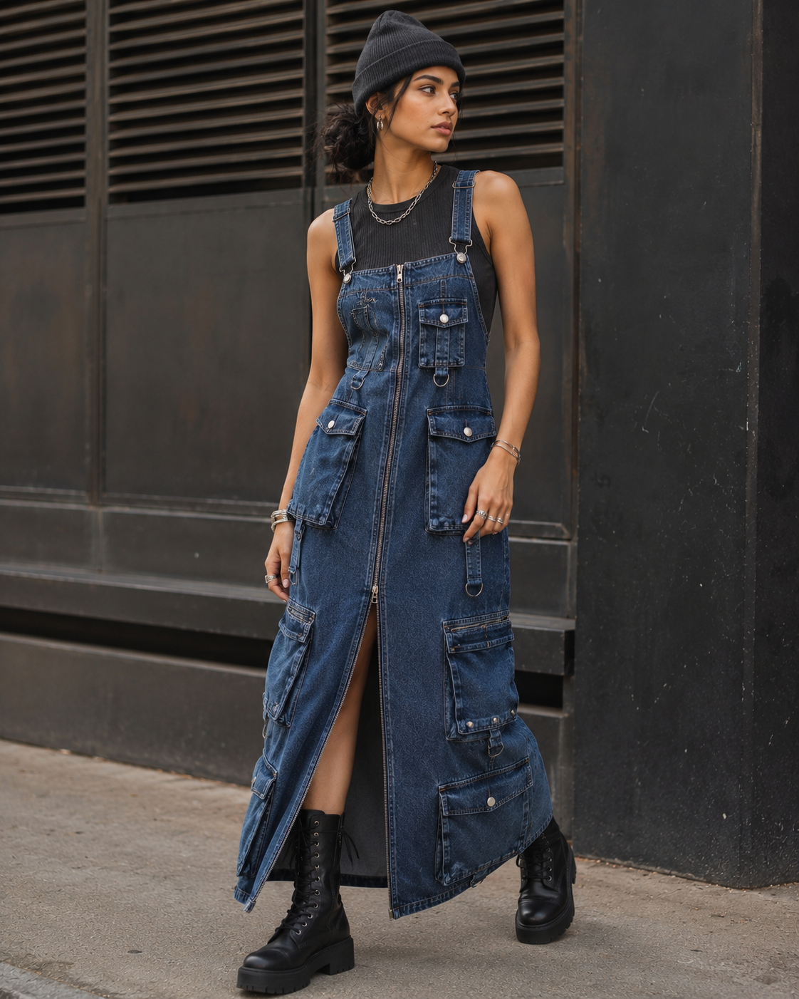 Denim Cargo Dress with Combat Boots