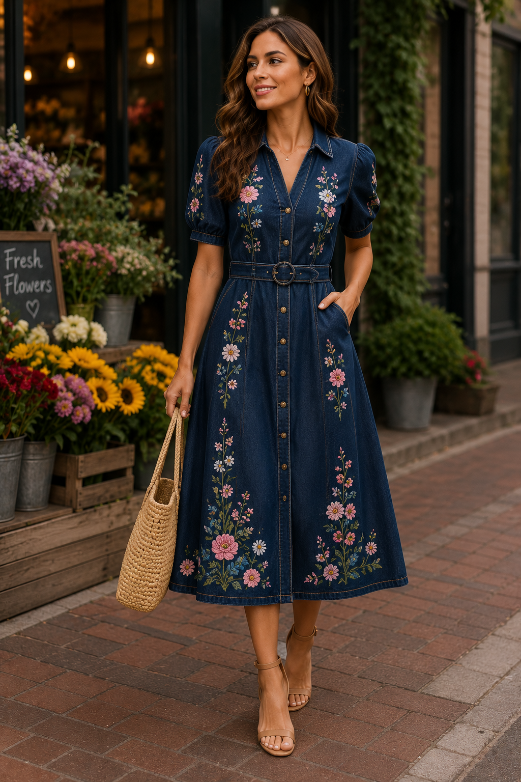 Floral Embroidered Denim Midi