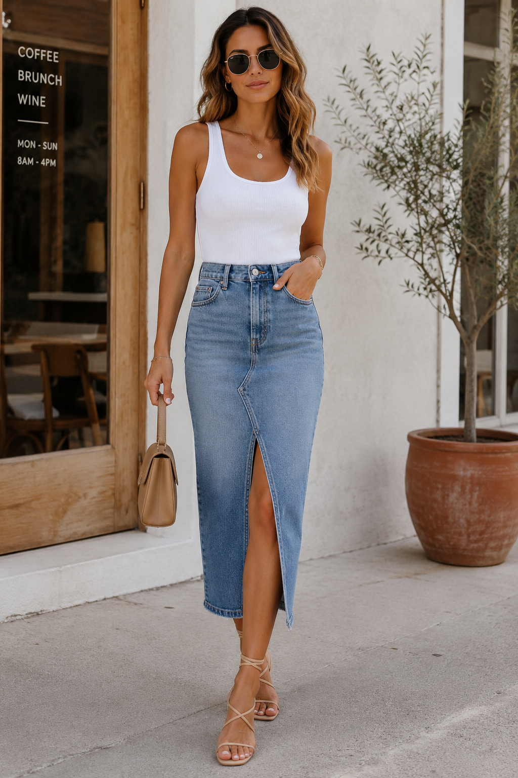 High-Slit Denim Midi Skirt