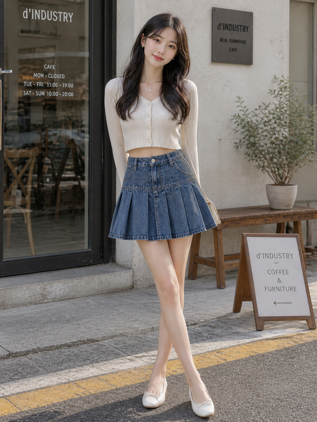 Pleated Denim Skirt