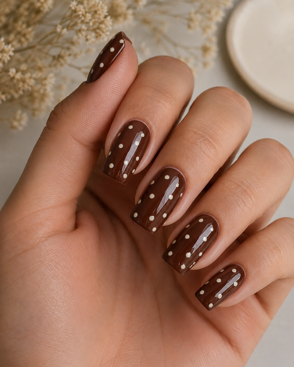 Chocolate Brown Nails with Cream Dots for falls