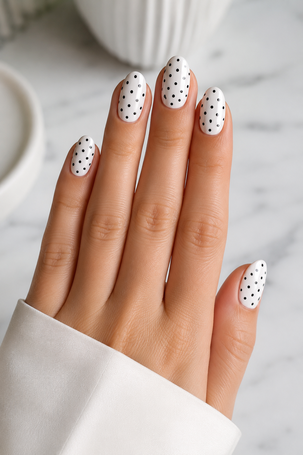 Classic Black Dots on White Nails