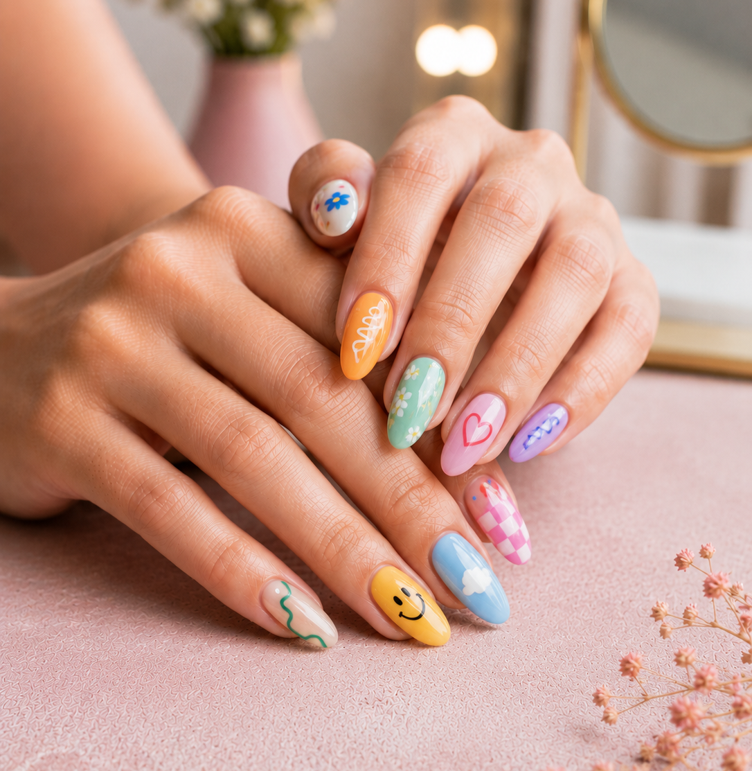 Colorful Mismatched Doodle Nails