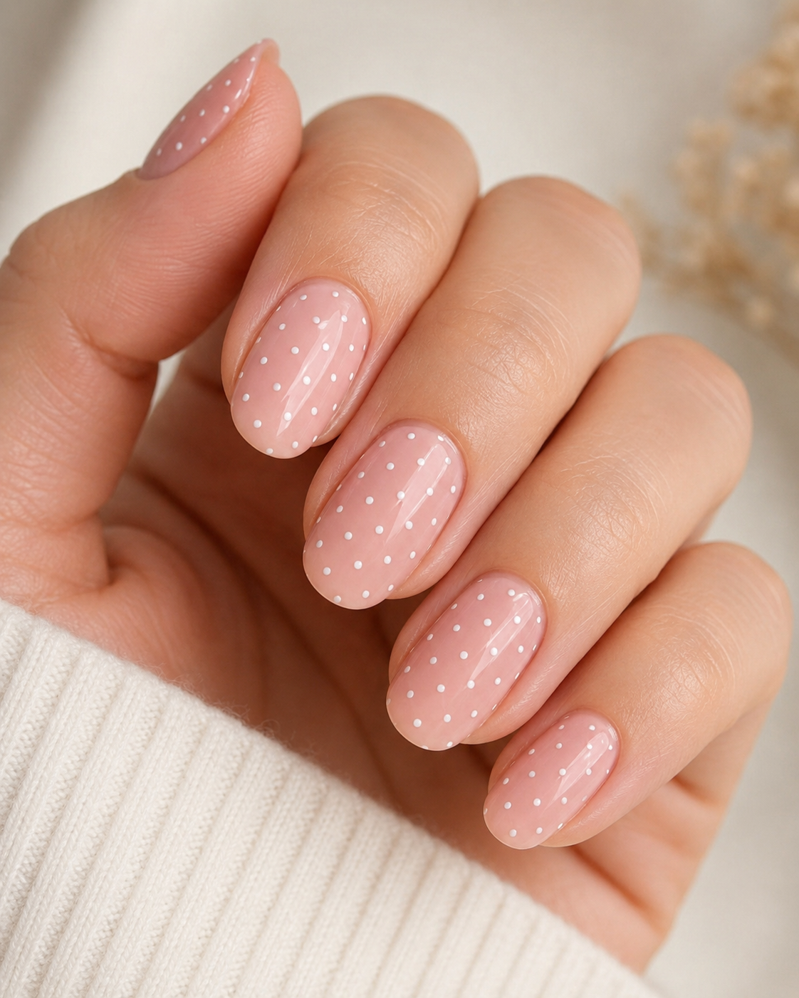 Tiny White Dots on Sheer Pink nails