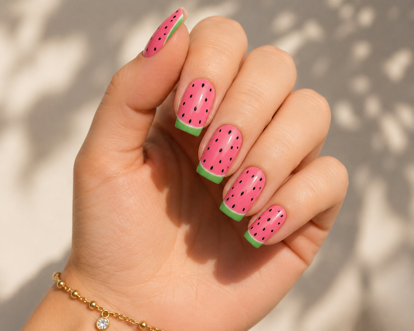 Watermelon-Inspired Polka Dot Nails