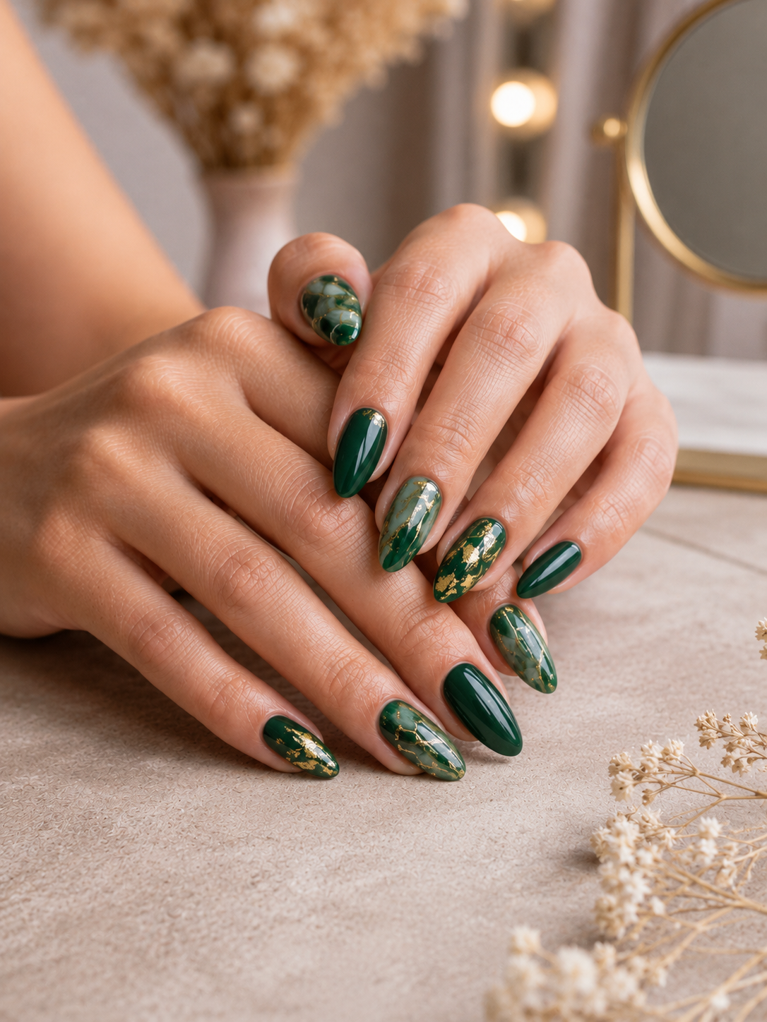 oval green nail design for august