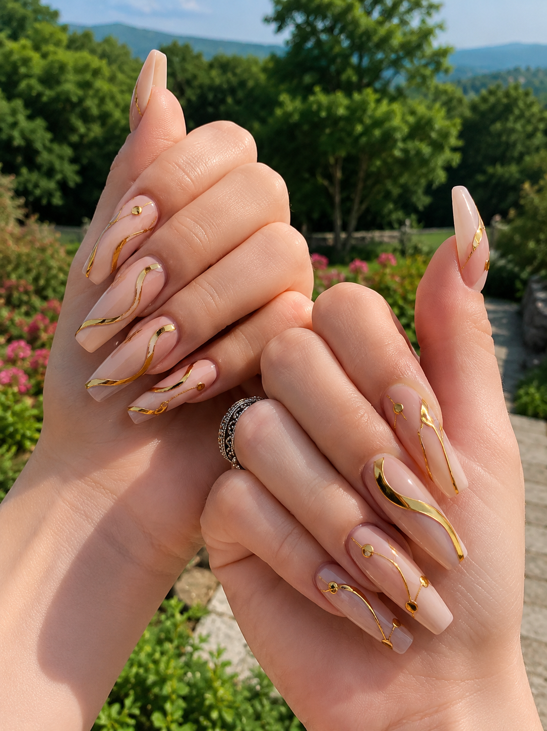 Abstract Gold Line Art Nails