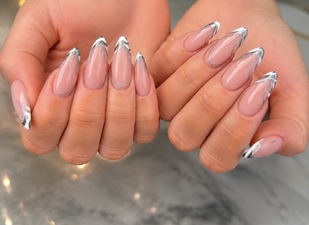 Abstract Silver Waves French Tip
