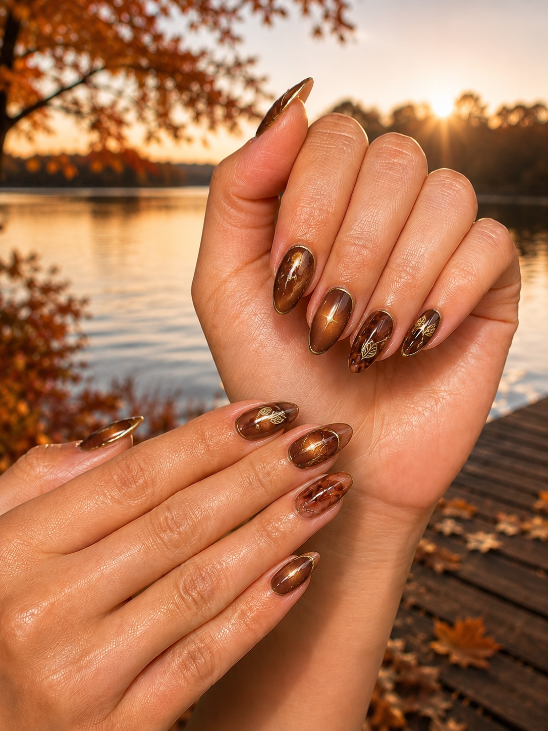 Brown Aura with Gold Outline brown Fall nail ideas