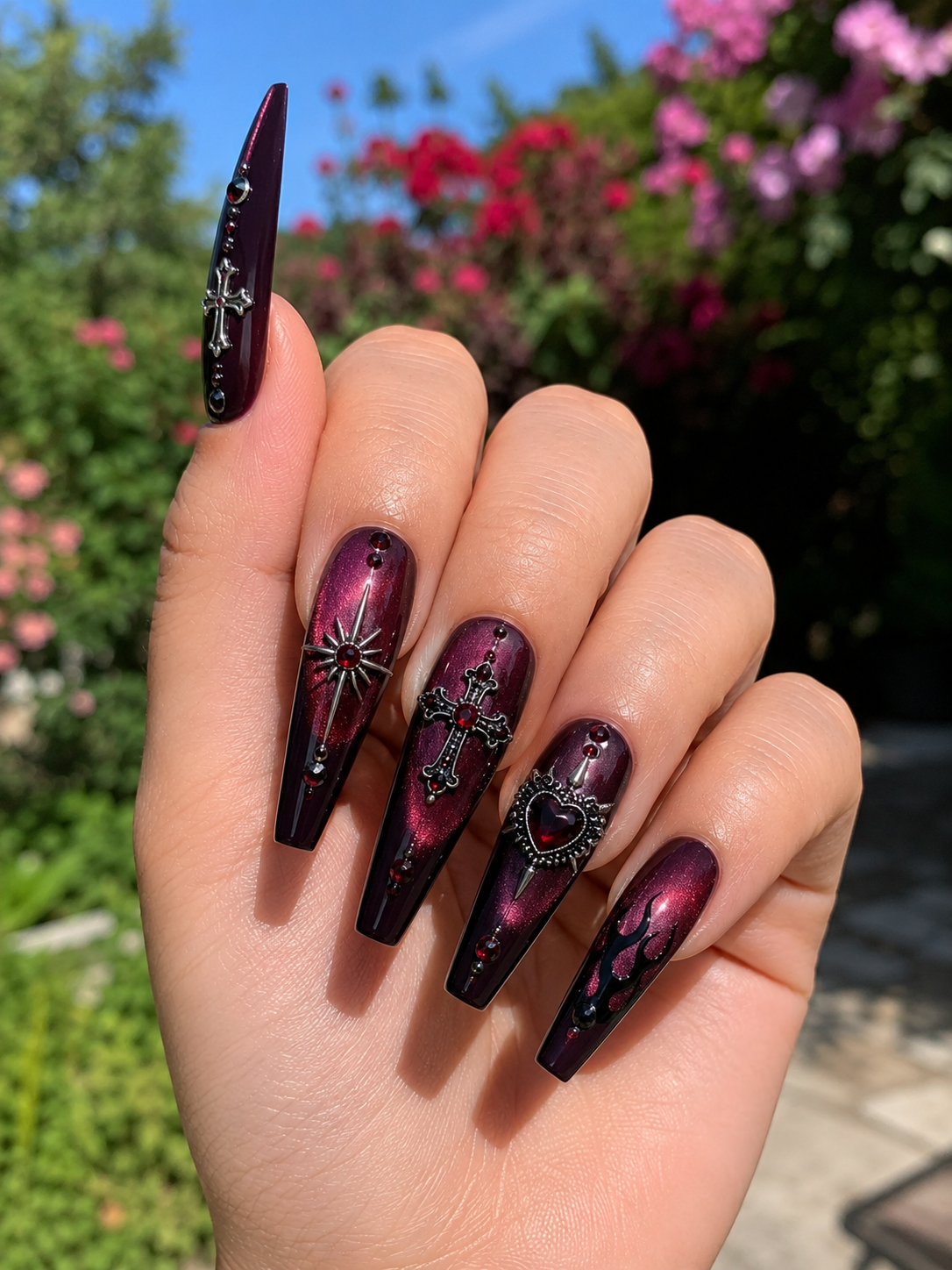 Burgundy Velvet Cat Eye Nails