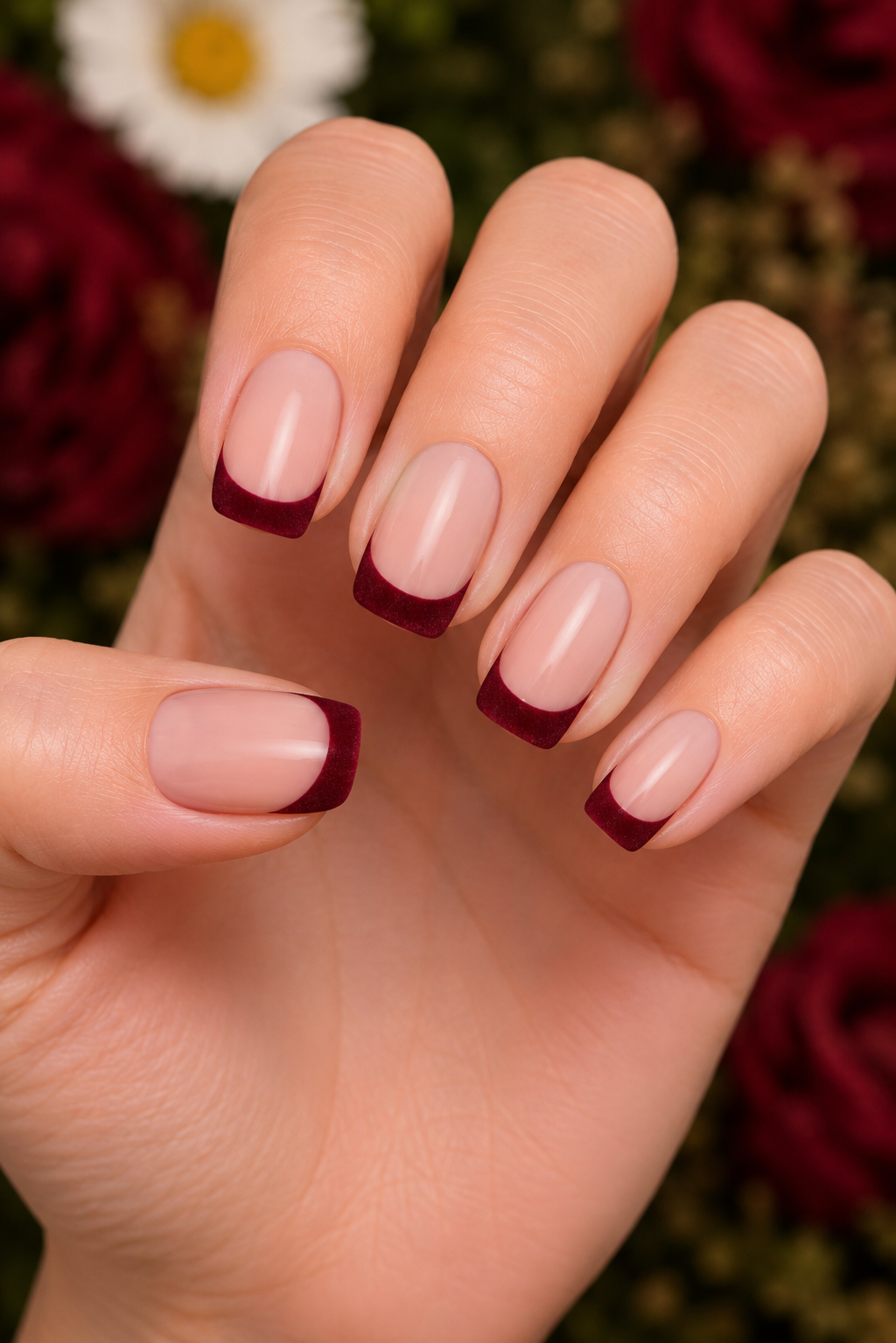 Burgundy Velvet French Tips Nails