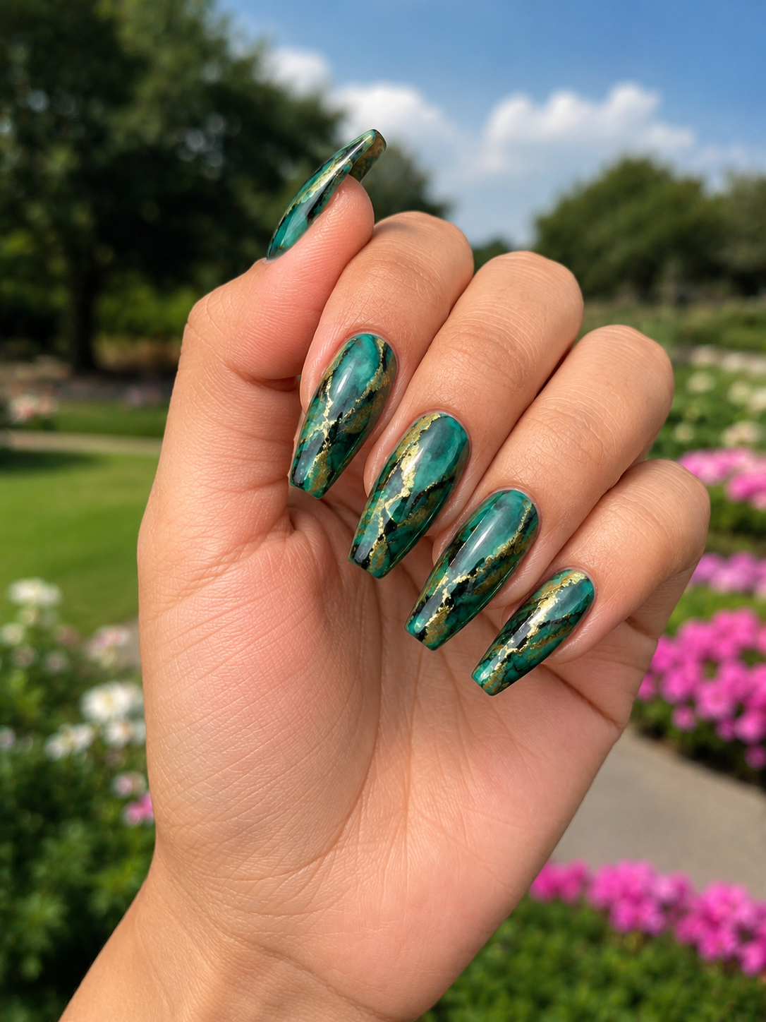 Emerald Chrome Marble Nails