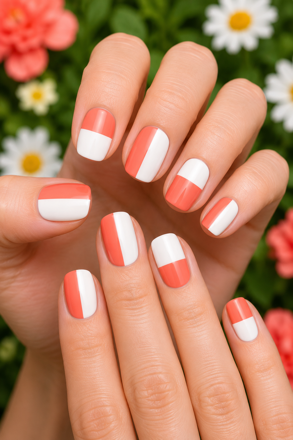 Geometric coral and white nails