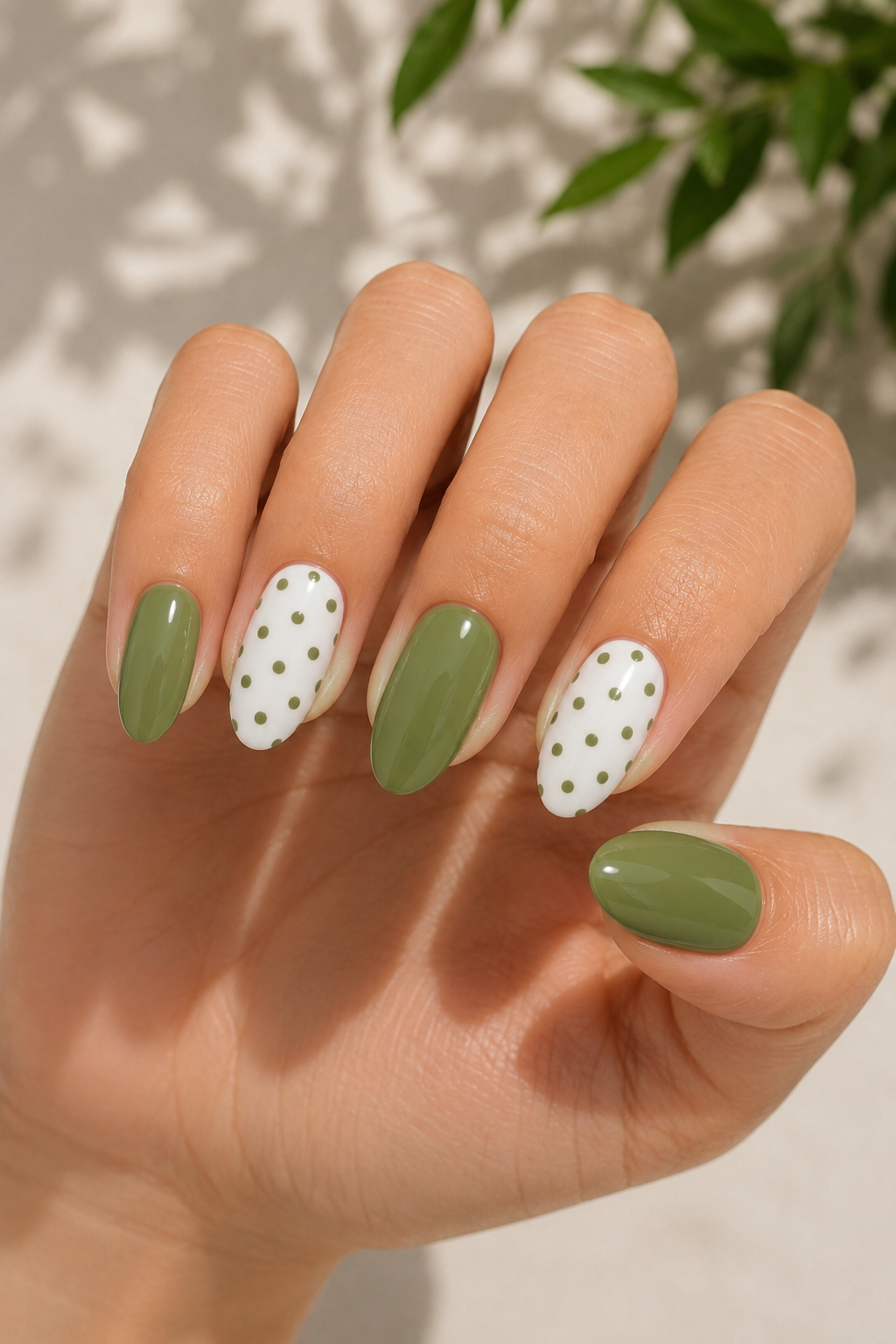 Green and White Dot Nails
