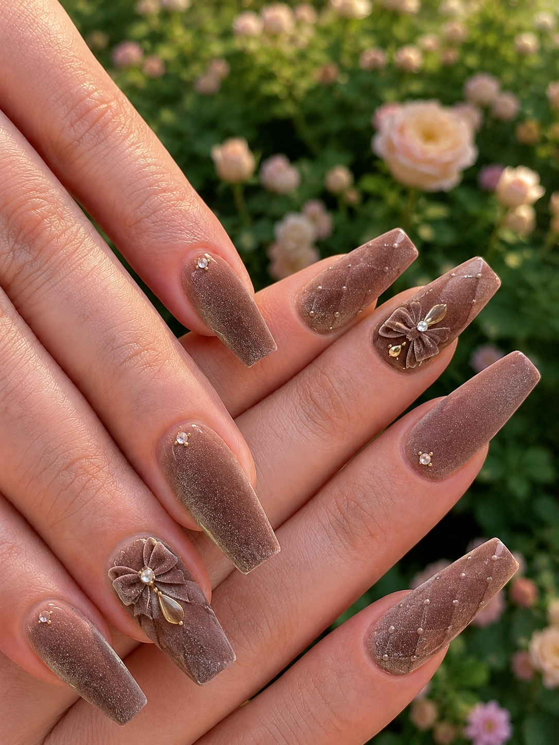 Mocha Mousse Velvet Baddie Nails