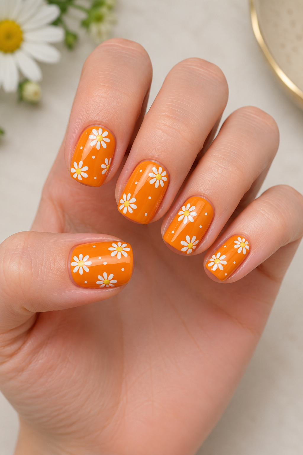 Orange Daisy Nails