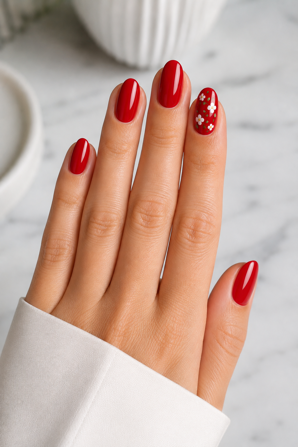 Red Floral Accent Nails