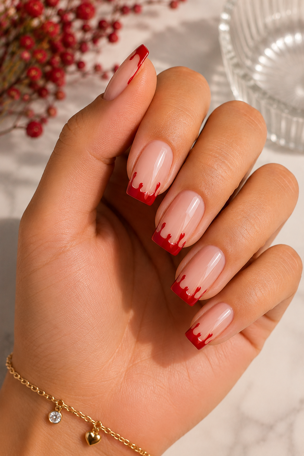 Red French Tips with Glossy Drip Effect
