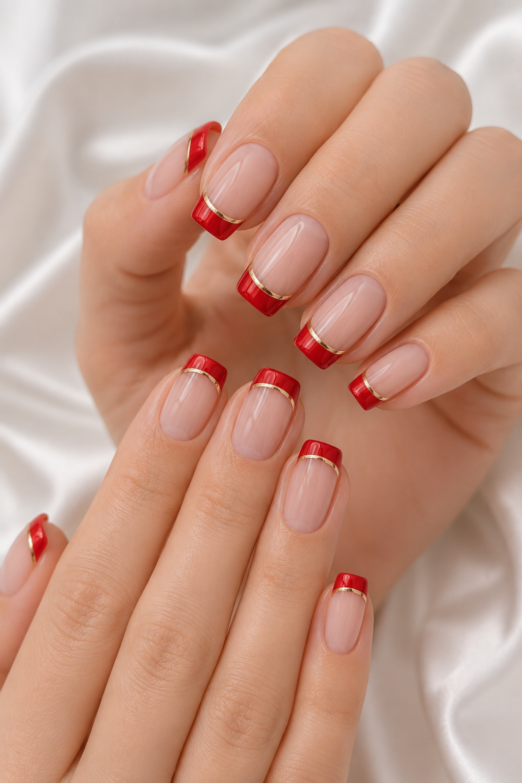 Red French Tips with Gold Outline Nails