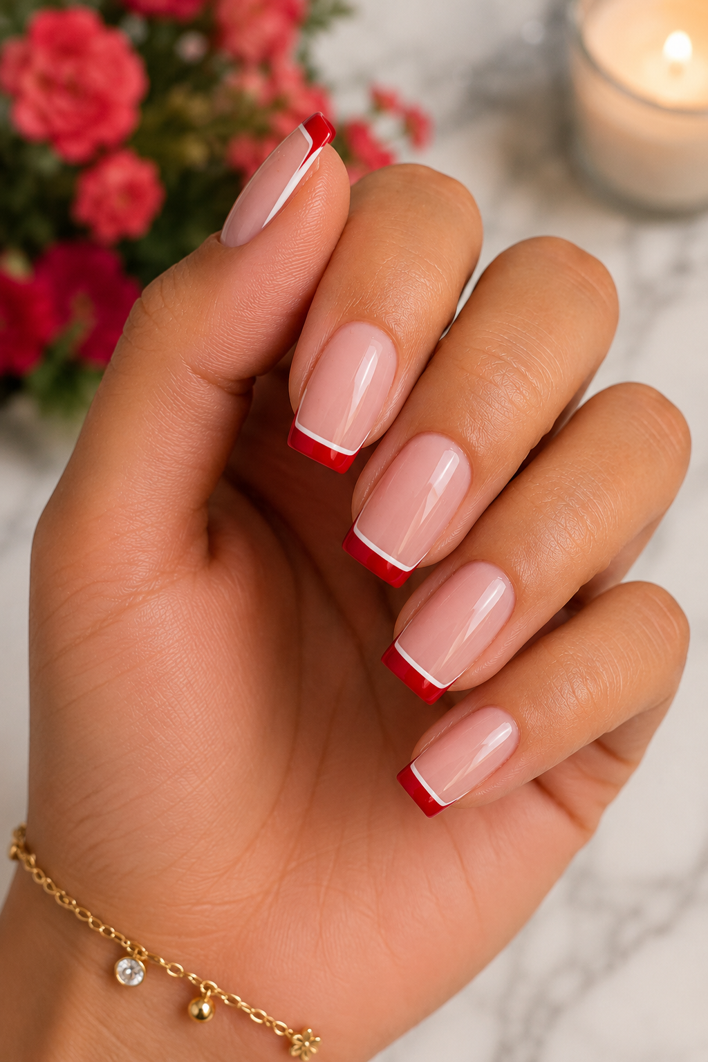 Red French Tips with Thin White Outline Nails