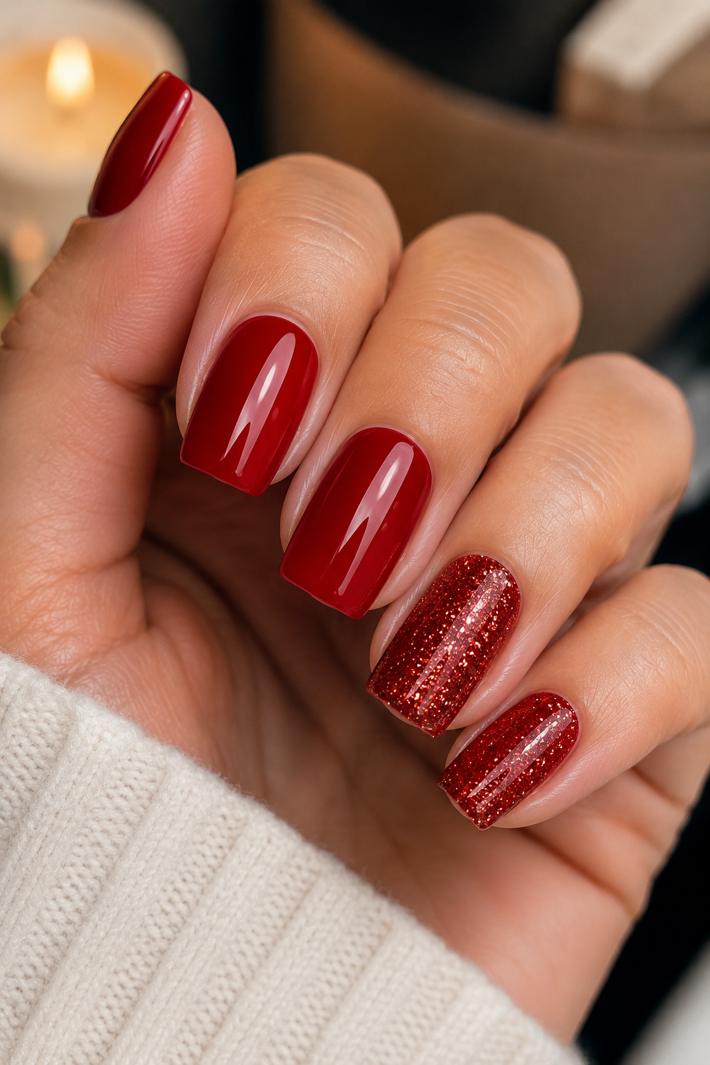 Red Glitter Accent Nails