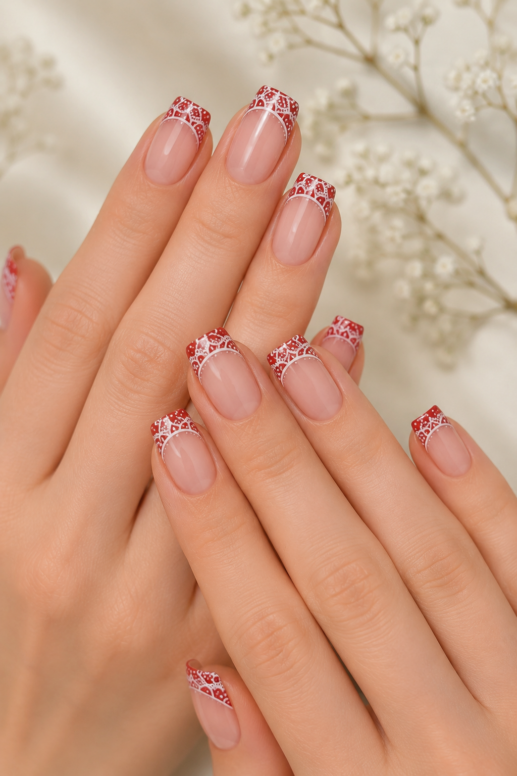 Red Lace French Tip Nails