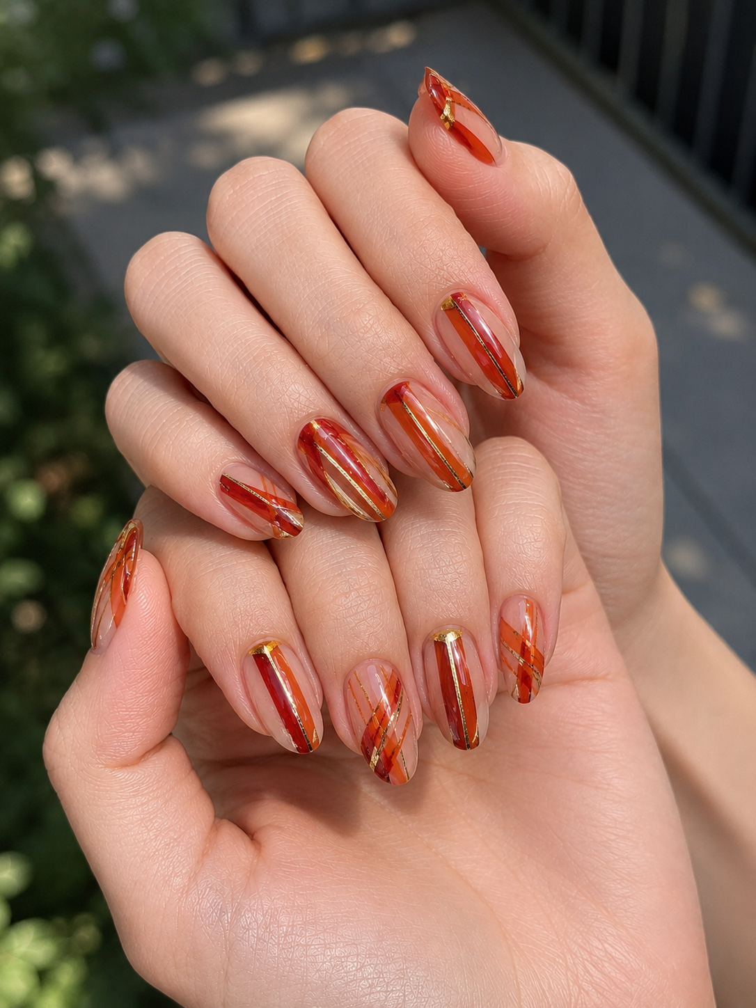 Red-Orange Strips Nails