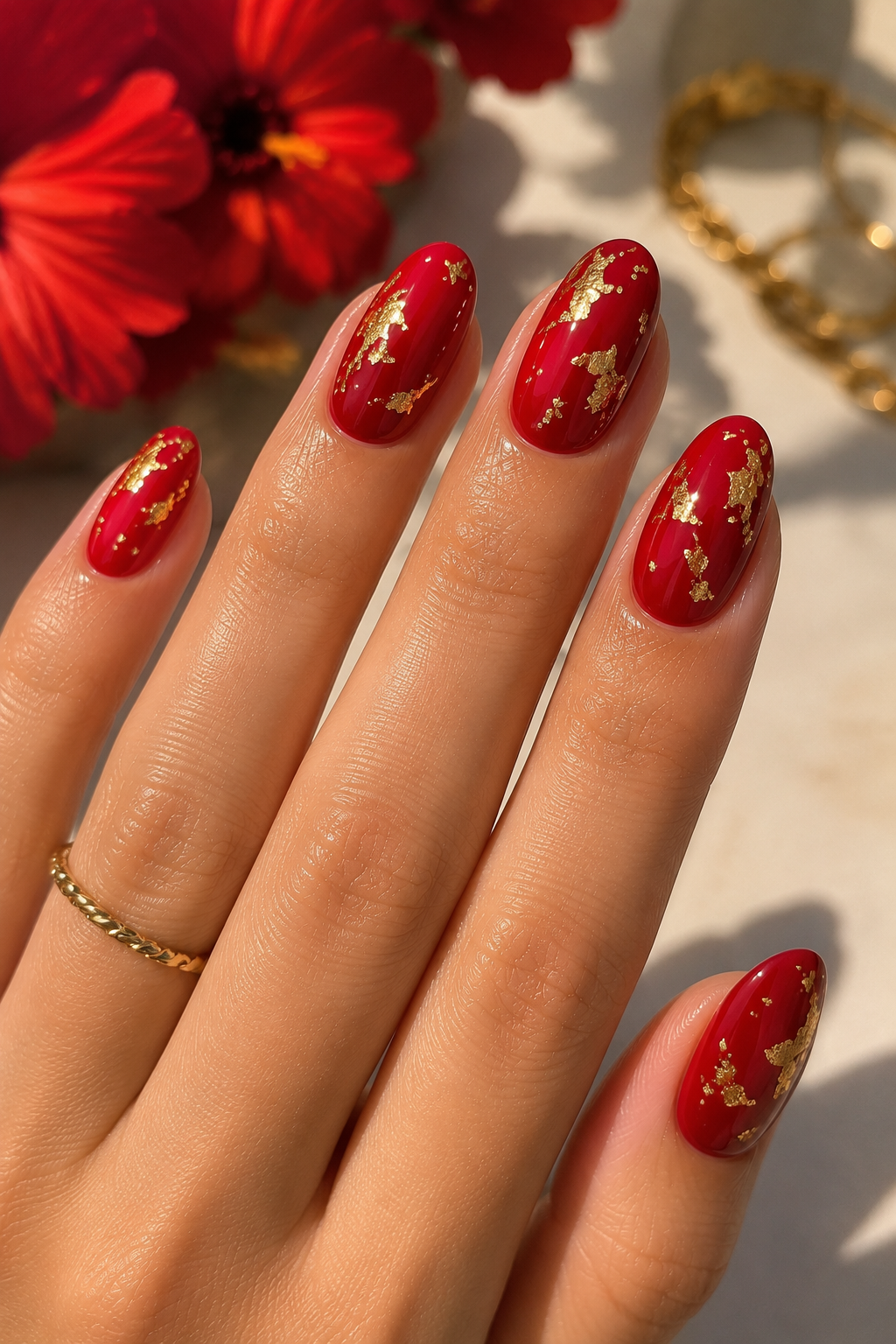Red and Gold Foil Nails